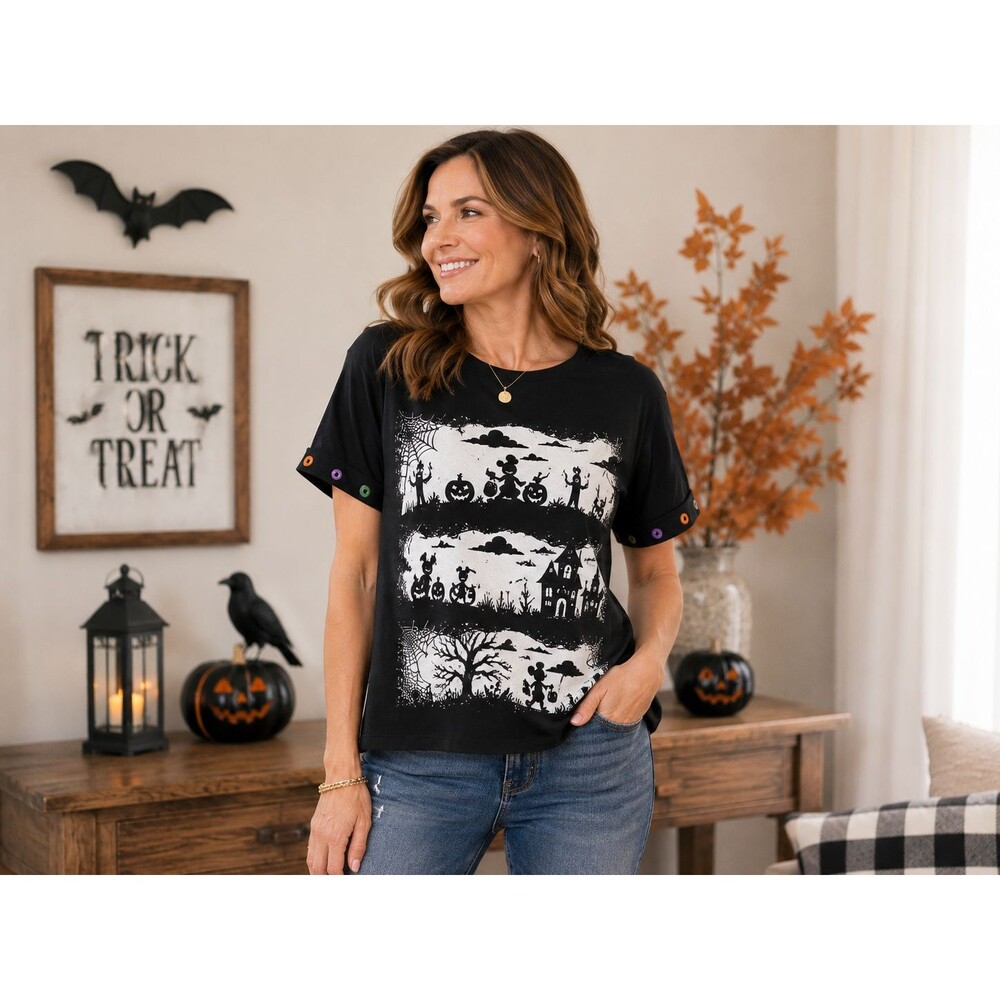 Disney Mickey Halloween Upcycled Trick or Treat Graphic Tee XL Black Colorful